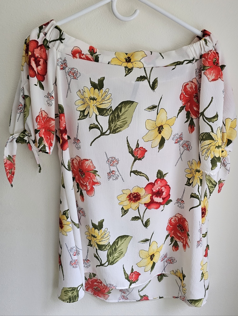 White Floral Off-Shoulder Women’s Top with Red & Yellow Blooms